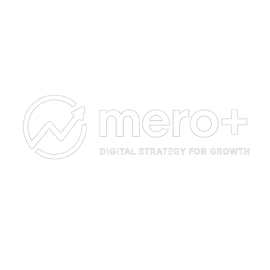 Horizontal Mero+ logo with upward arrow symbol and tagline “Digital Strategy for Growth”