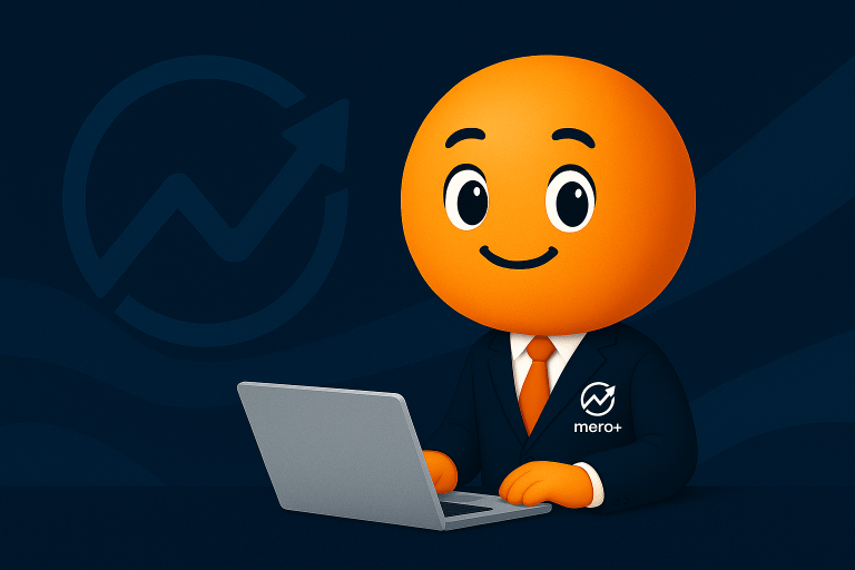 Orange mascot character in a navy suit using a laptop with the mero+ logo, set against a dark blue background with growth arrow symbol